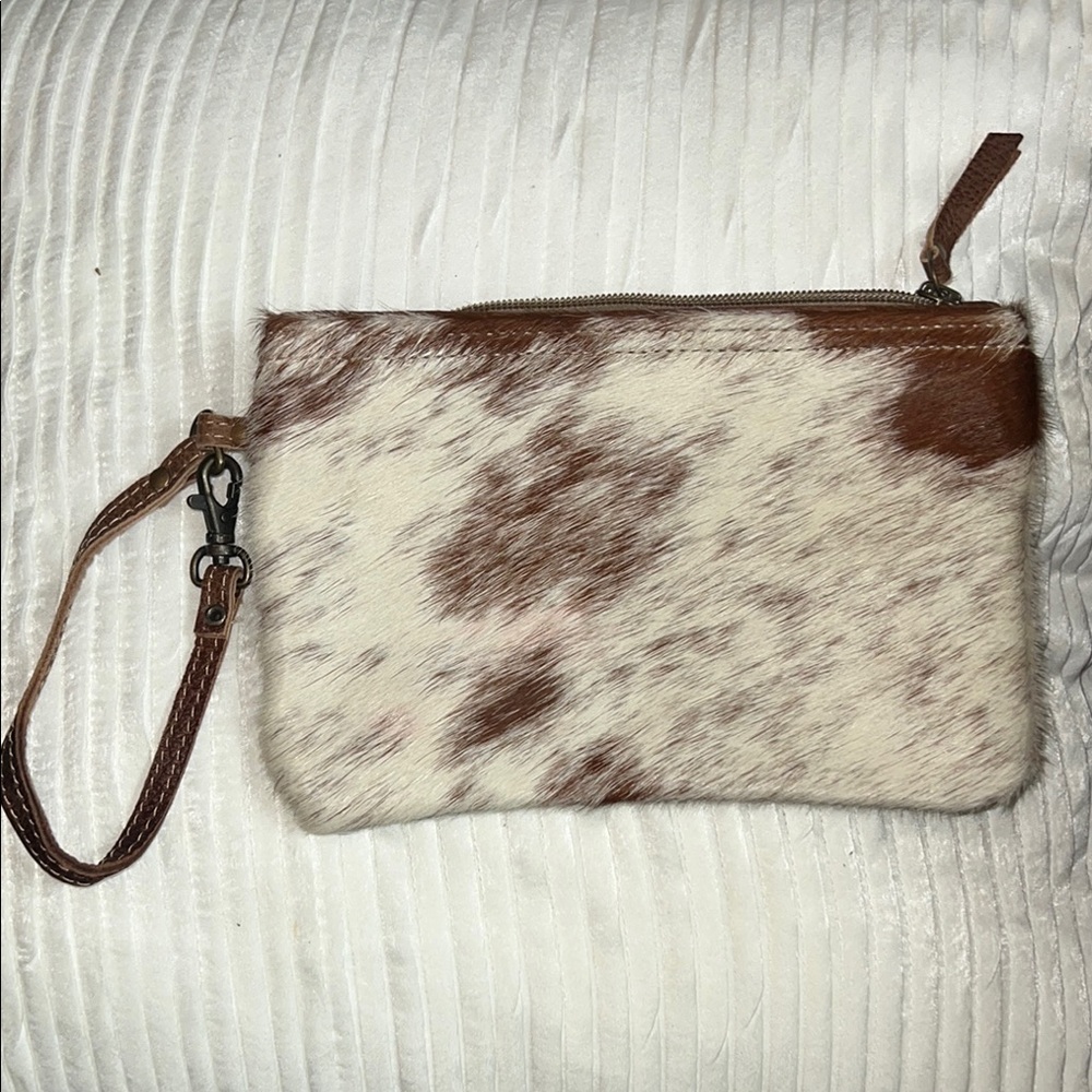 Myra Brown and White Cowhide Wristlet